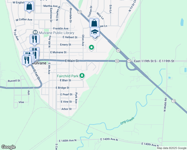 map of restaurants, bars, coffee shops, grocery stores, and more near 633 East Main Street in Mulvane