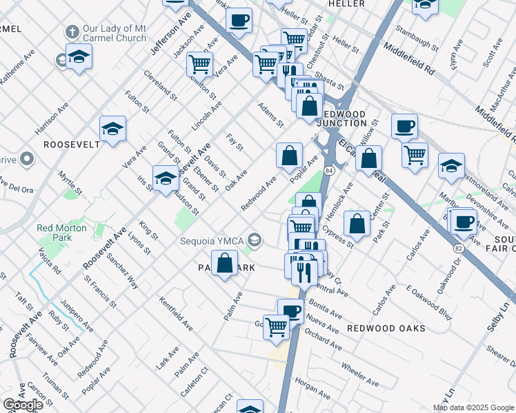 map of restaurants, bars, coffee shops, grocery stores, and more near 440 Poplar Avenue in Redwood City
