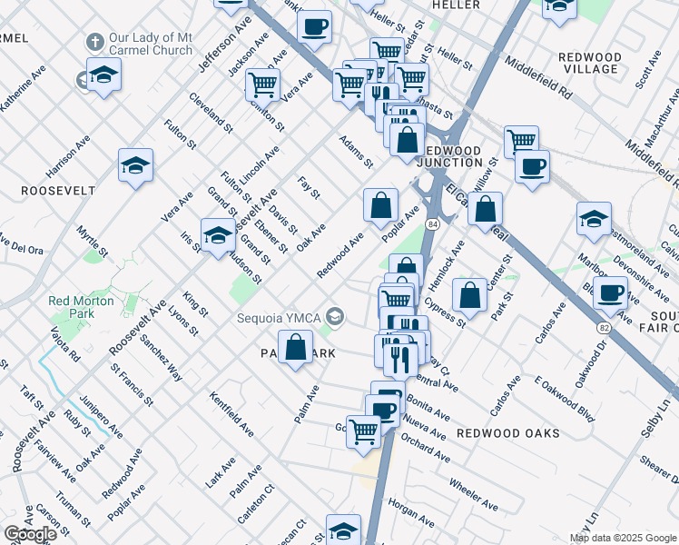 map of restaurants, bars, coffee shops, grocery stores, and more near 475 Redwood Avenue in Redwood City