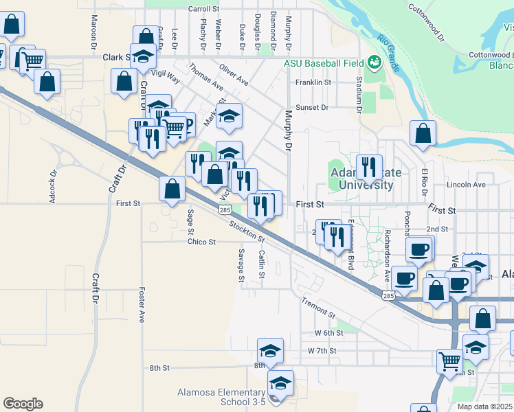 map of restaurants, bars, coffee shops, grocery stores, and more near 2048 1/2 First Street in Alamosa