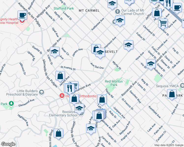 map of restaurants, bars, coffee shops, grocery stores, and more near 488 Saint Francis Street in Redwood City