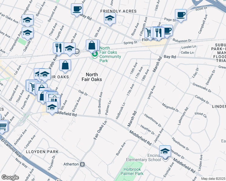 map of restaurants, bars, coffee shops, grocery stores, and more near 541 Palmer Lane in Menlo Park