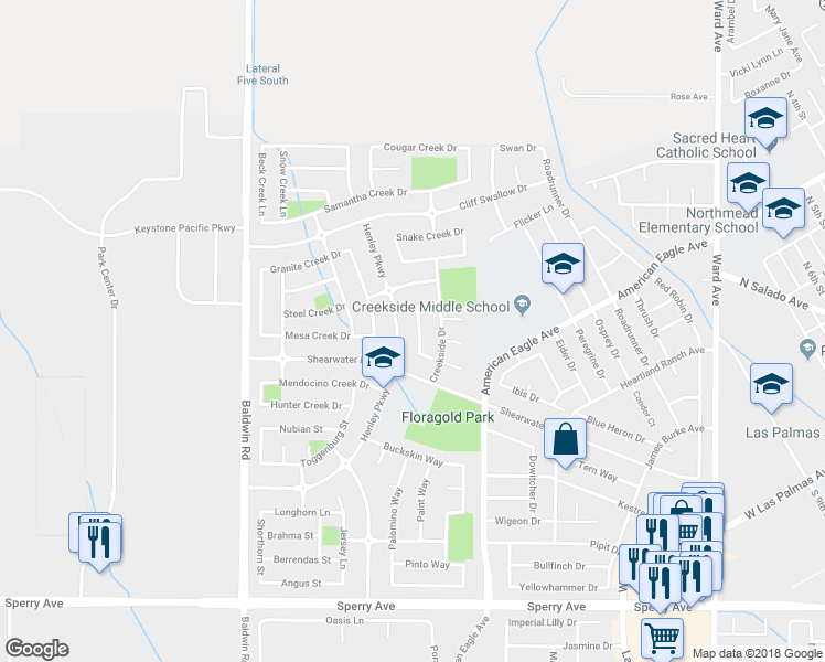 map of restaurants, bars, coffee shops, grocery stores, and more near 439 Meadow Creek Drive in Patterson