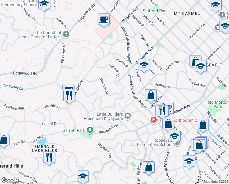 map of restaurants, bars, coffee shops, grocery stores, and more near 734 Hillcrest Drive in Redwood City