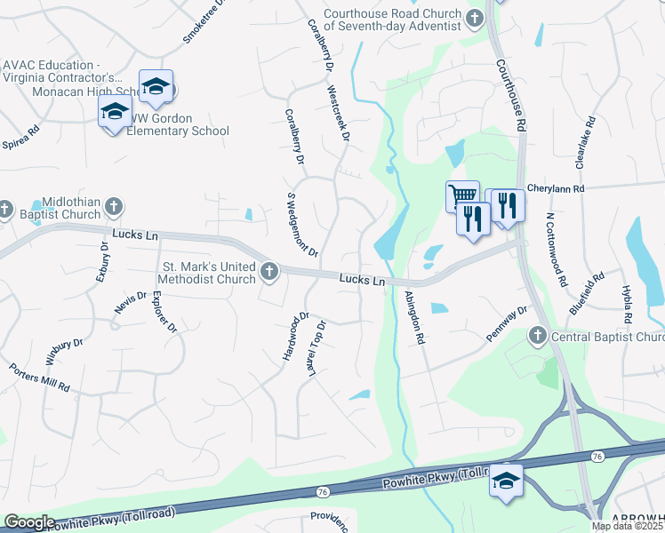 map of restaurants, bars, coffee shops, grocery stores, and more near 11412 Mansfield Crossing Lane in Chesterfield County