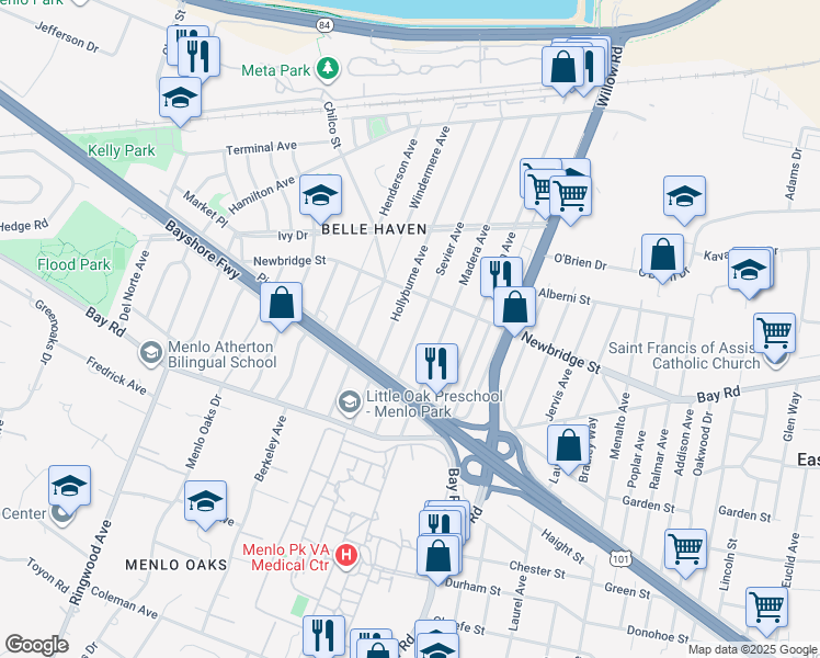 map of restaurants, bars, coffee shops, grocery stores, and more near 1135 Sevier Avenue in Menlo Park