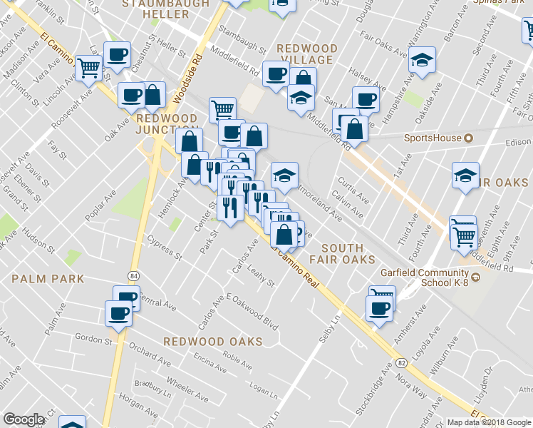 map of restaurants, bars, coffee shops, grocery stores, and more near 80 Nottingham Avenue in Redwood City