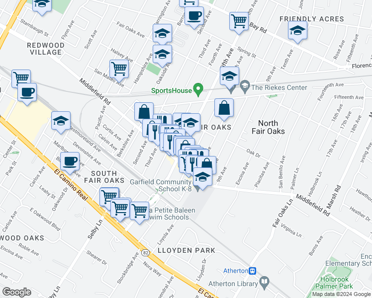 map of restaurants, bars, coffee shops, grocery stores, and more near 424 Fifth Avenue in Redwood City