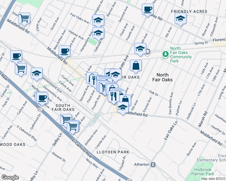 map of restaurants, bars, coffee shops, grocery stores, and more near 424 Fifth Avenue in Redwood City