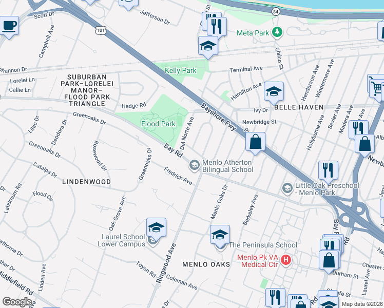 map of restaurants, bars, coffee shops, grocery stores, and more near 318 Oakwood Place in Menlo Park