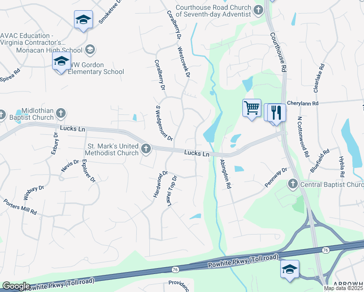 map of restaurants, bars, coffee shops, grocery stores, and more near 11412 Mansfield Crossing Lane in Chesterfield County