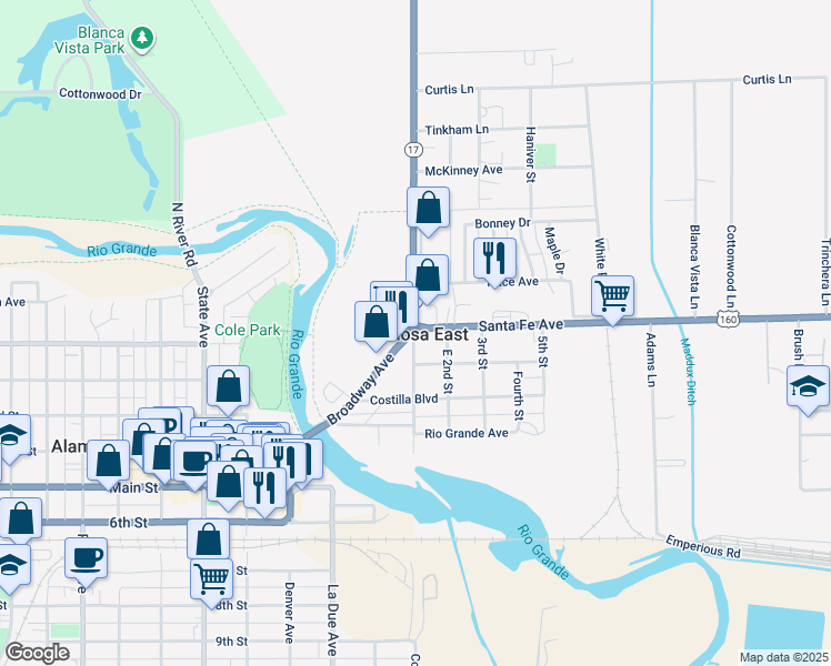 map of restaurants, bars, coffee shops, grocery stores, and more near in Alamosa East