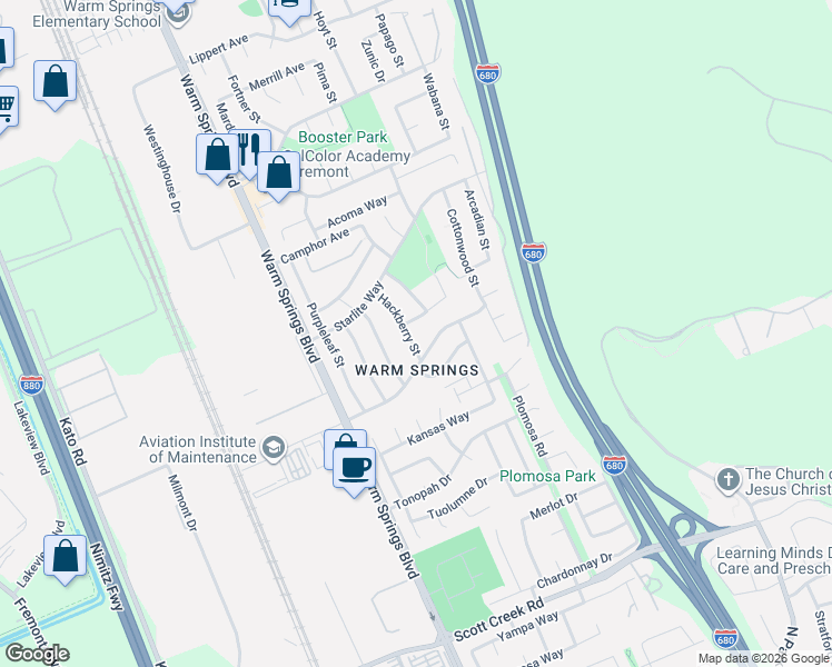 map of restaurants, bars, coffee shops, grocery stores, and more near 48310 Hackberry Street in Fremont