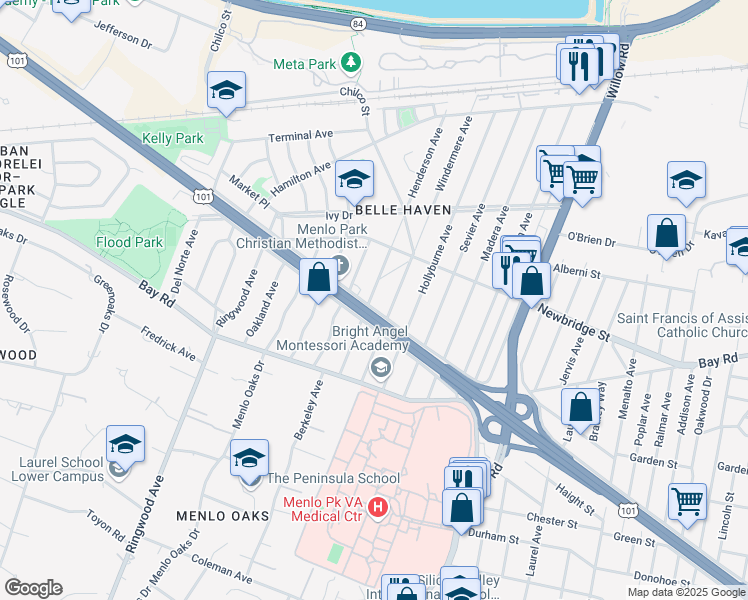 map of restaurants, bars, coffee shops, grocery stores, and more near 611 Pierce Road in Menlo Park