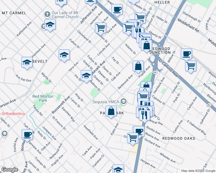 map of restaurants, bars, coffee shops, grocery stores, and more near 611 Oak Avenue in Redwood City