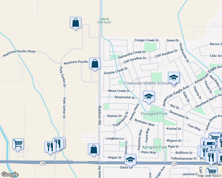 map of restaurants, bars, coffee shops, grocery stores, and more near 1459 Mesa Creek Drive in Patterson