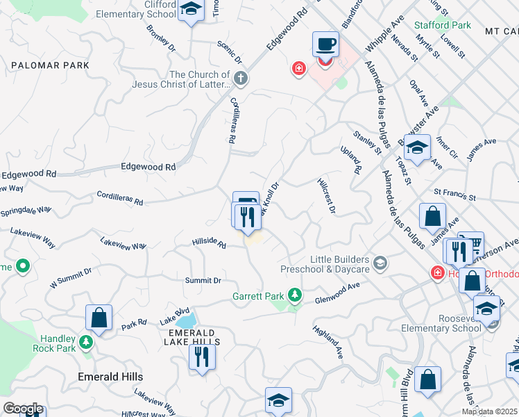 map of restaurants, bars, coffee shops, grocery stores, and more near 3146 Oak Knoll Drive in Redwood City