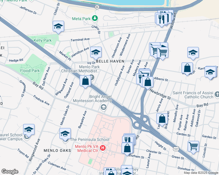 map of restaurants, bars, coffee shops, grocery stores, and more near 1114 Windermere Avenue in Menlo Park