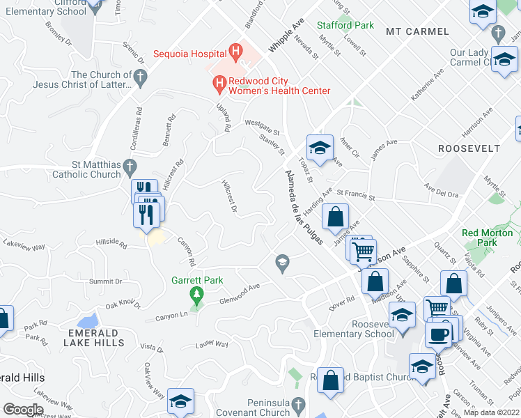 map of restaurants, bars, coffee shops, grocery stores, and more near 726 Hillcrest Drive in Redwood City