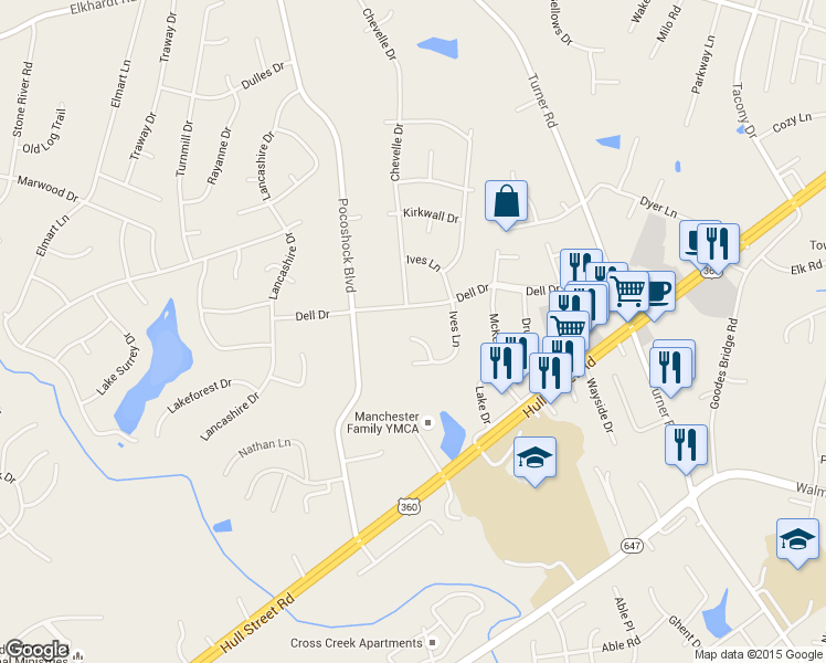 map of restaurants, bars, coffee shops, grocery stores, and more near 2205 Bowlin Court in Richmond