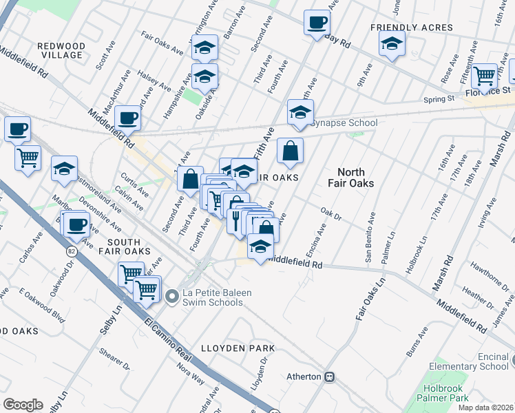 map of restaurants, bars, coffee shops, grocery stores, and more near 453 Seventh Avenue in Menlo Park