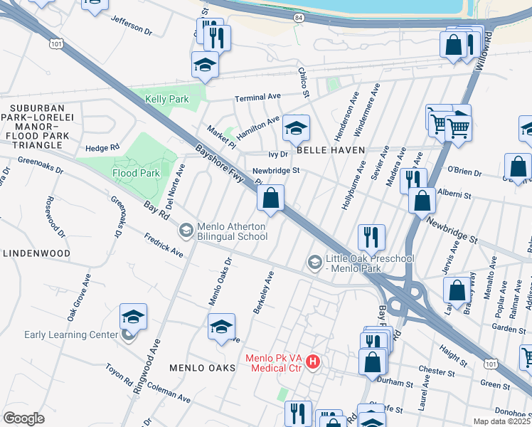 map of restaurants, bars, coffee shops, grocery stores, and more near 1045 Almanor Avenue in Menlo Park