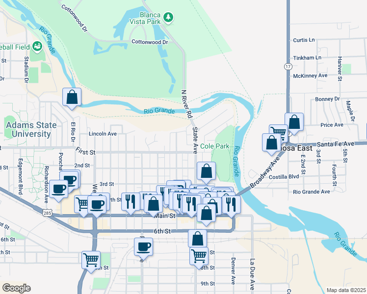map of restaurants, bars, coffee shops, grocery stores, and more near in Alamosa
