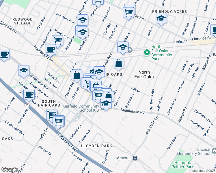 map of restaurants, bars, coffee shops, grocery stores, and more near 453 Seventh Avenue in Menlo Park