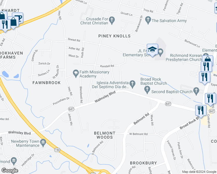 map of restaurants, bars, coffee shops, grocery stores, and more near 5527 Hansdale Road in Richmond