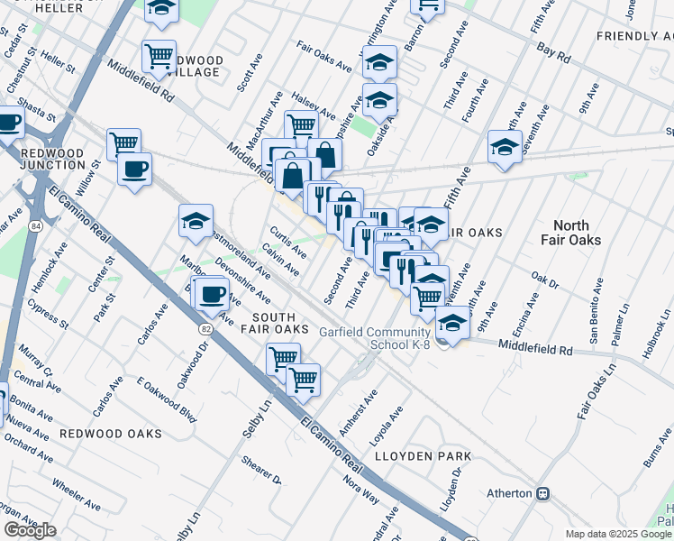 map of restaurants, bars, coffee shops, grocery stores, and more near 333 Second Ave in Redwood City