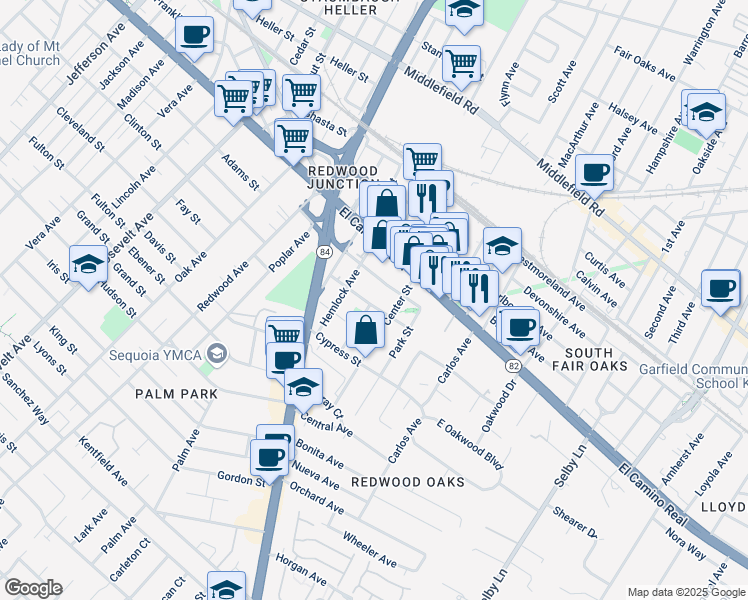 map of restaurants, bars, coffee shops, grocery stores, and more near 271 Madrone Street in Redwood City