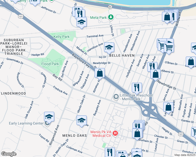 map of restaurants, bars, coffee shops, grocery stores, and more near 1045 Almanor Avenue in Menlo Park