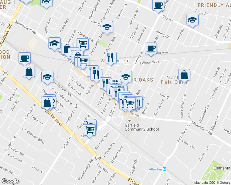 map of restaurants, bars, coffee shops, grocery stores, and more near 404 Fourth Avenue in Redwood City