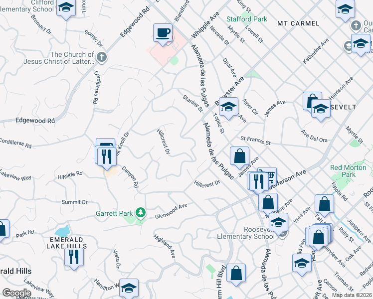 map of restaurants, bars, coffee shops, grocery stores, and more near 726 Hillcrest Drive in Redwood City