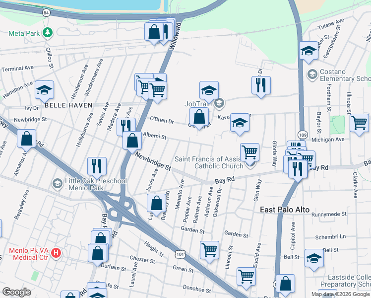 map of restaurants, bars, coffee shops, grocery stores, and more near 2383 Menalto Avenue in East Palo Alto