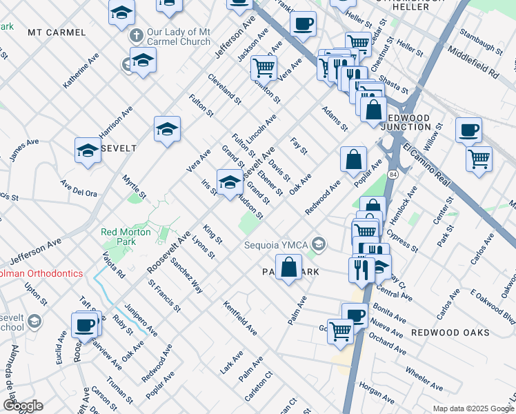 map of restaurants, bars, coffee shops, grocery stores, and more near 1183 Hudson Street in Redwood City