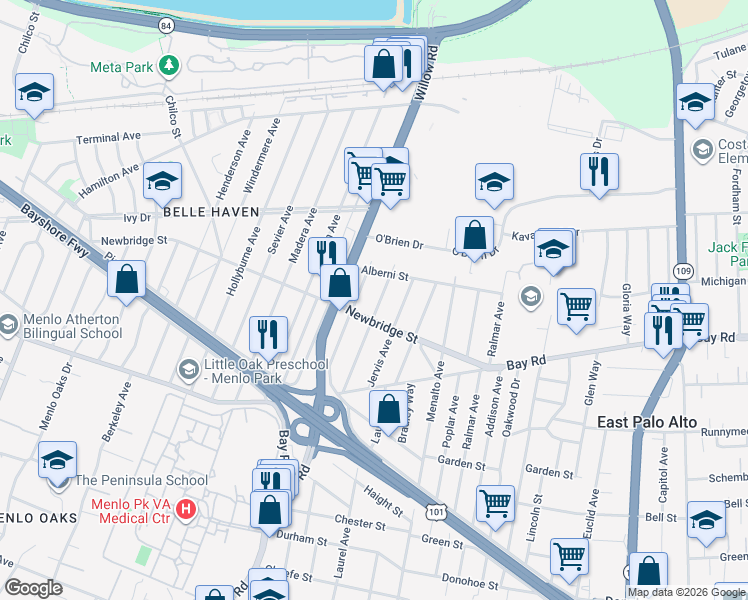 map of restaurants, bars, coffee shops, grocery stores, and more near 1221 Westminster Avenue in East Palo Alto