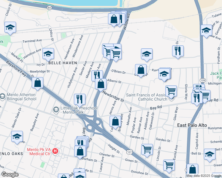 map of restaurants, bars, coffee shops, grocery stores, and more near 1221 Westminster Avenue in East Palo Alto