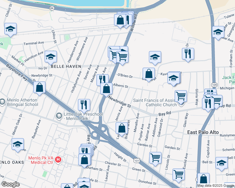 map of restaurants, bars, coffee shops, grocery stores, and more near 1221 Westminster Avenue in East Palo Alto