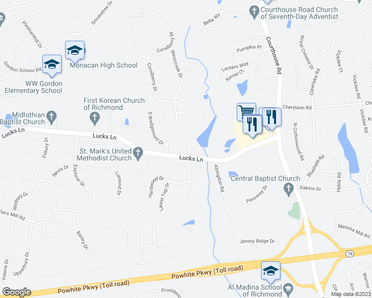 map of restaurants, bars, coffee shops, grocery stores, and more near 1124 Mansfield Crossing Road in Richmond