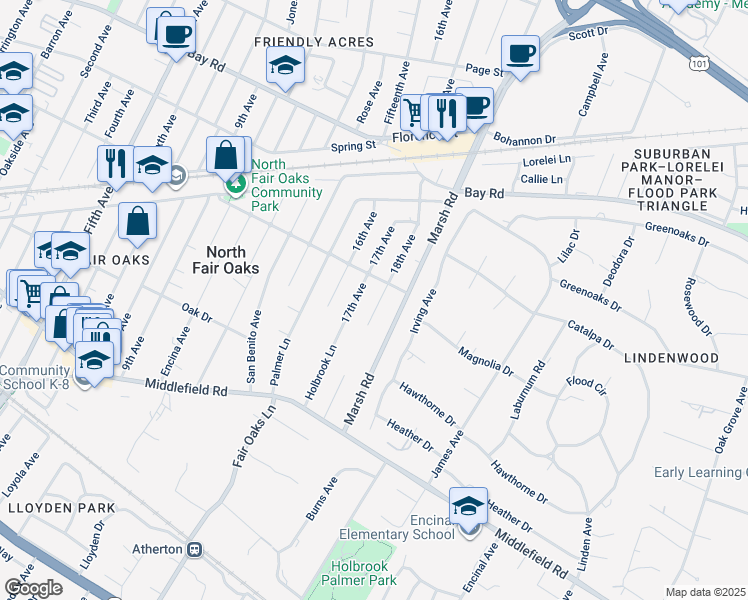 map of restaurants, bars, coffee shops, grocery stores, and more near 655 18th Avenue in Menlo Park