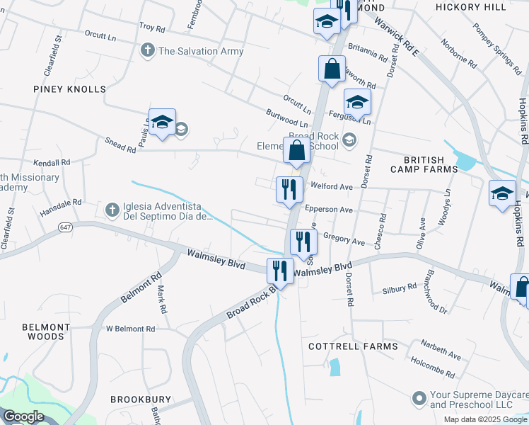 map of restaurants, bars, coffee shops, grocery stores, and more near 6405 Clayton Drive in Richmond