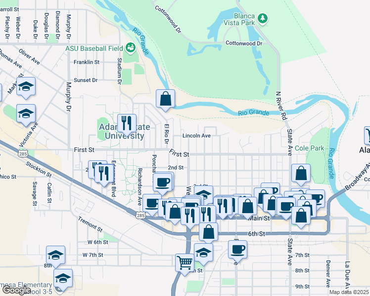 map of restaurants, bars, coffee shops, grocery stores, and more near 25 West Avenue in Alamosa