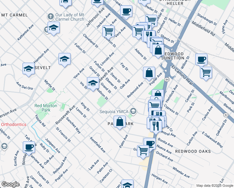 map of restaurants, bars, coffee shops, grocery stores, and more near 611 Oak Avenue in Redwood City