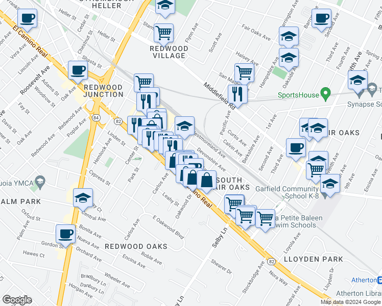 map of restaurants, bars, coffee shops, grocery stores, and more near 2713 Marlborough Ave in Redwood City