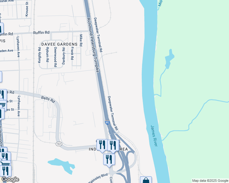 map of restaurants, bars, coffee shops, grocery stores, and more near 3900 Deepwater Terminal Road in Richmond