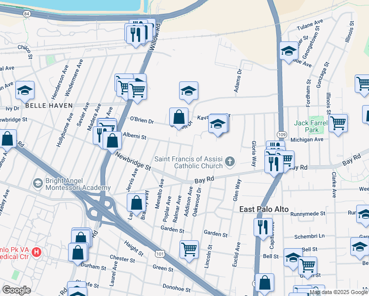 map of restaurants, bars, coffee shops, grocery stores, and more near 1140 Alberni Street in East Palo Alto