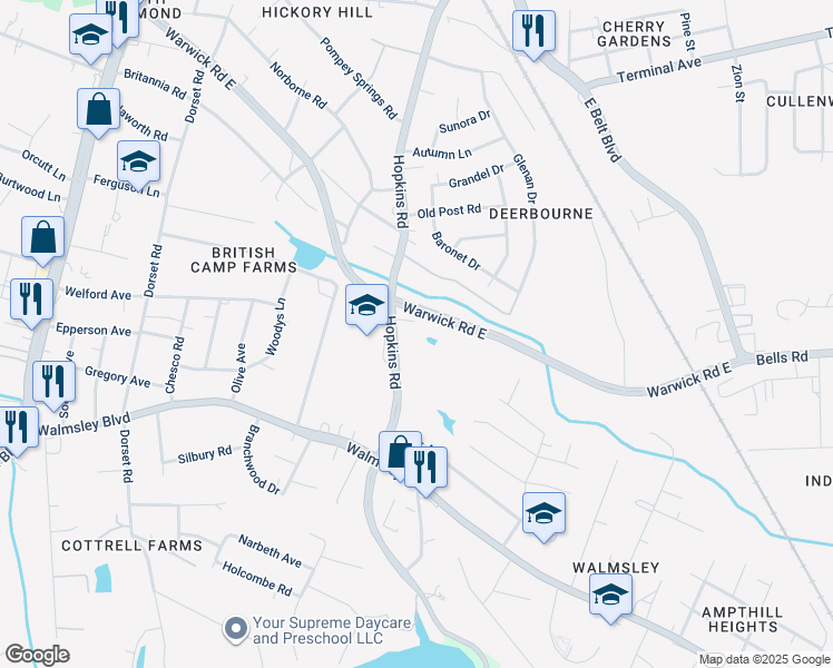 map of restaurants, bars, coffee shops, grocery stores, and more near 3441 Hopkins Road in Richmond