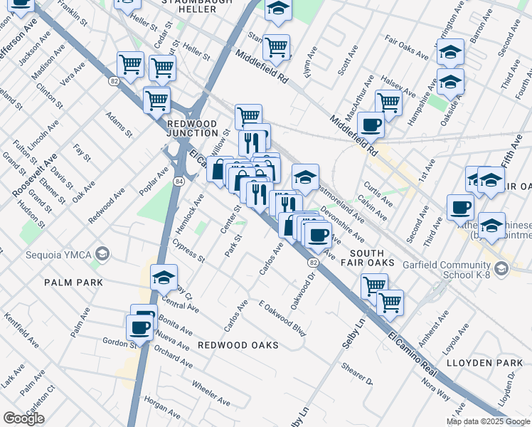 map of restaurants, bars, coffee shops, grocery stores, and more near 5a Northumberland Avenue in Redwood City