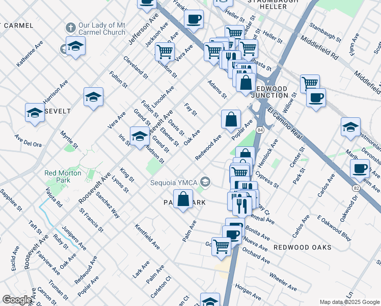 map of restaurants, bars, coffee shops, grocery stores, and more near 506 Redwood Avenue in Redwood City